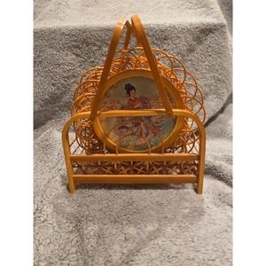 1970s Vintage Ratan Coaster Set Of 6 With Holder Geisha And Asian Prints
